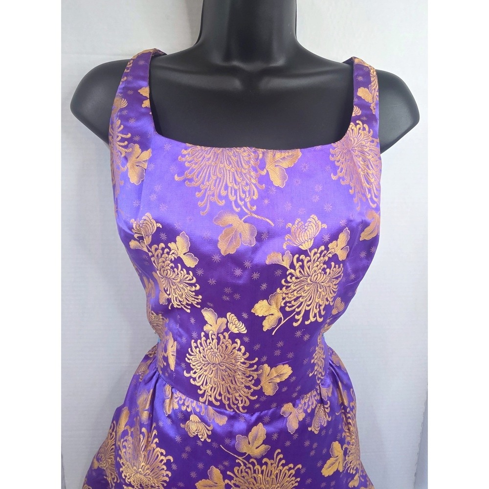 VTG 60s Purple Gold Chrysanthemum Brocade Hostess Dress Sleeveless Sash Handmade